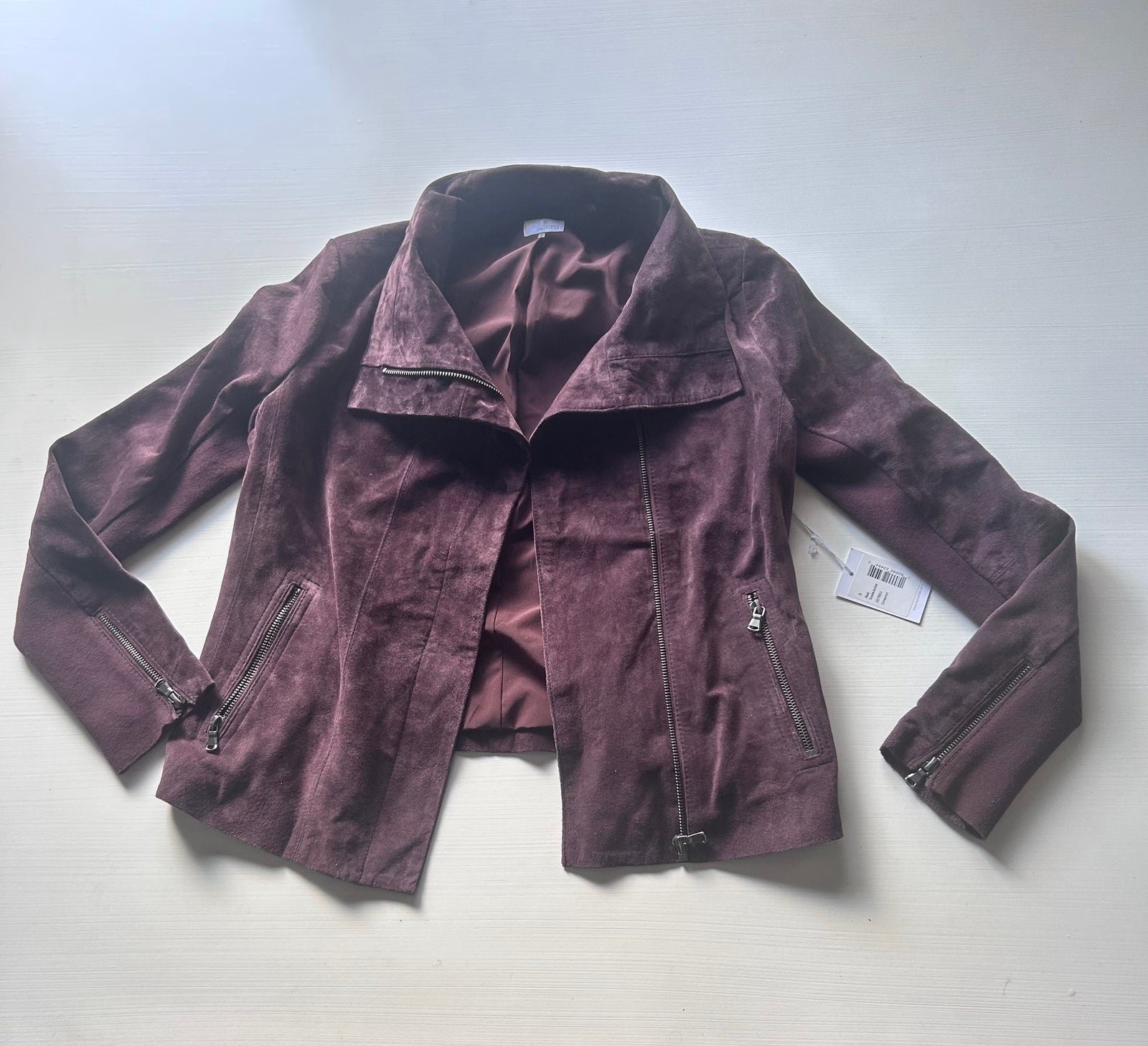 NWT ecru Cimarron Burgundy Brown Suede Moto Jacket Women's Sz Small New with ta