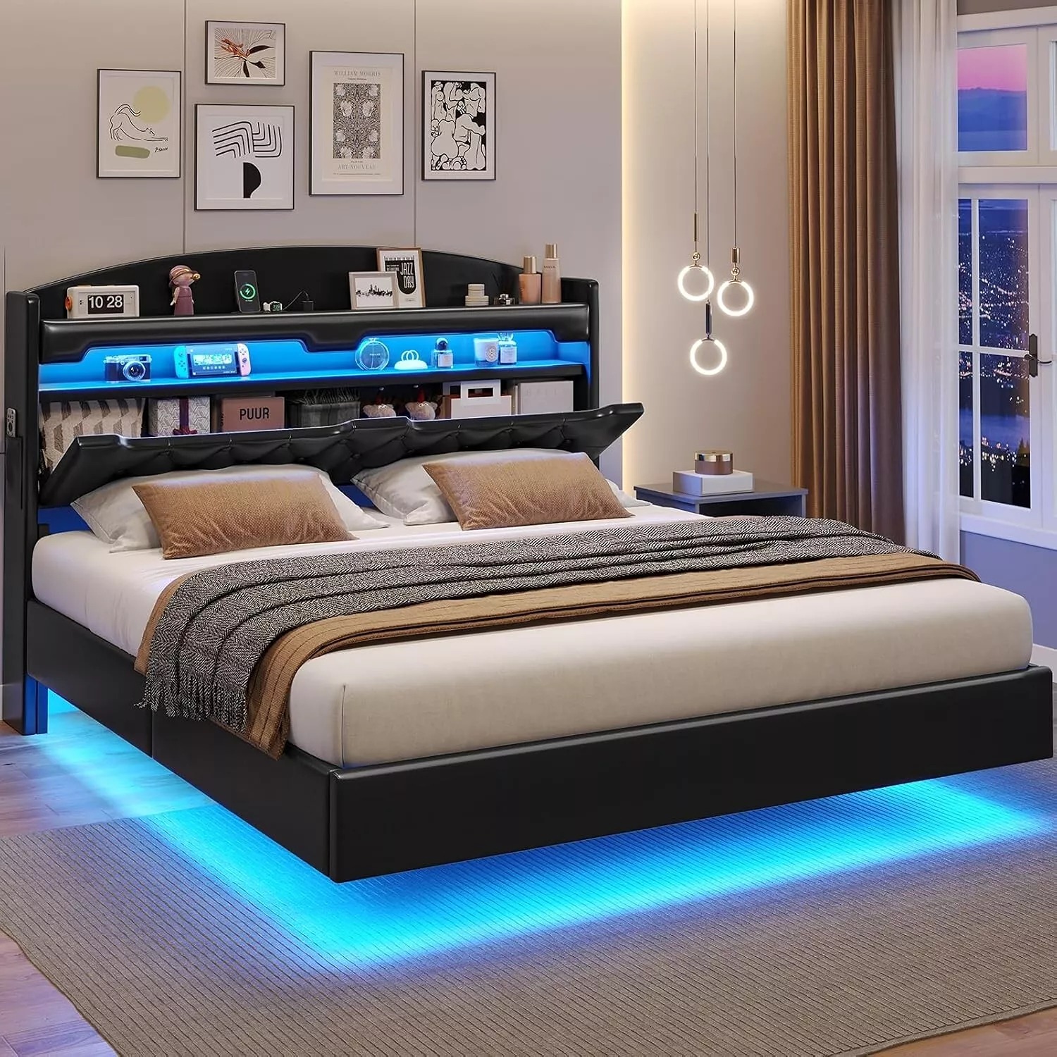 Full Size Floating Bed Frame with Type-C Charging Station & Storage Headboard