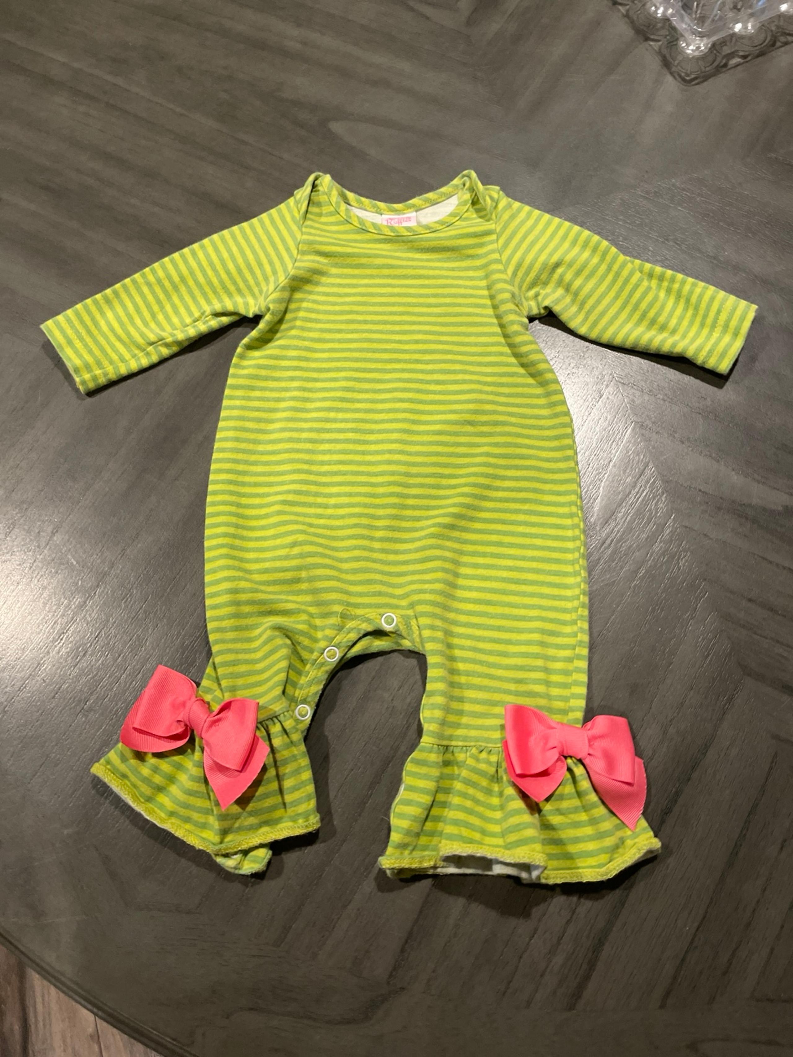 Ricrac & Ruffles Romper Green Striped w Pink Bows Size 3-6 Months