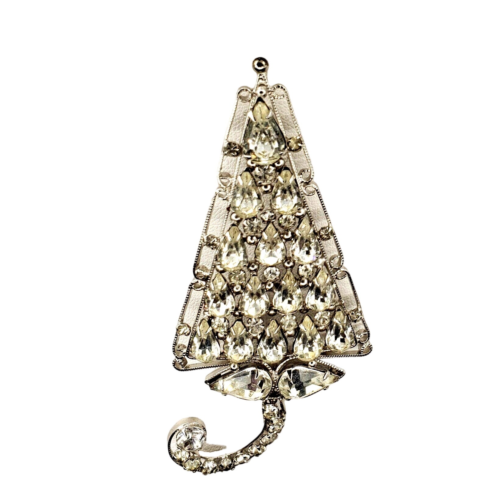 Vintage Rhinestone Tree Brooch Silver Tone Holiday Christmas Pin MCM 1950s