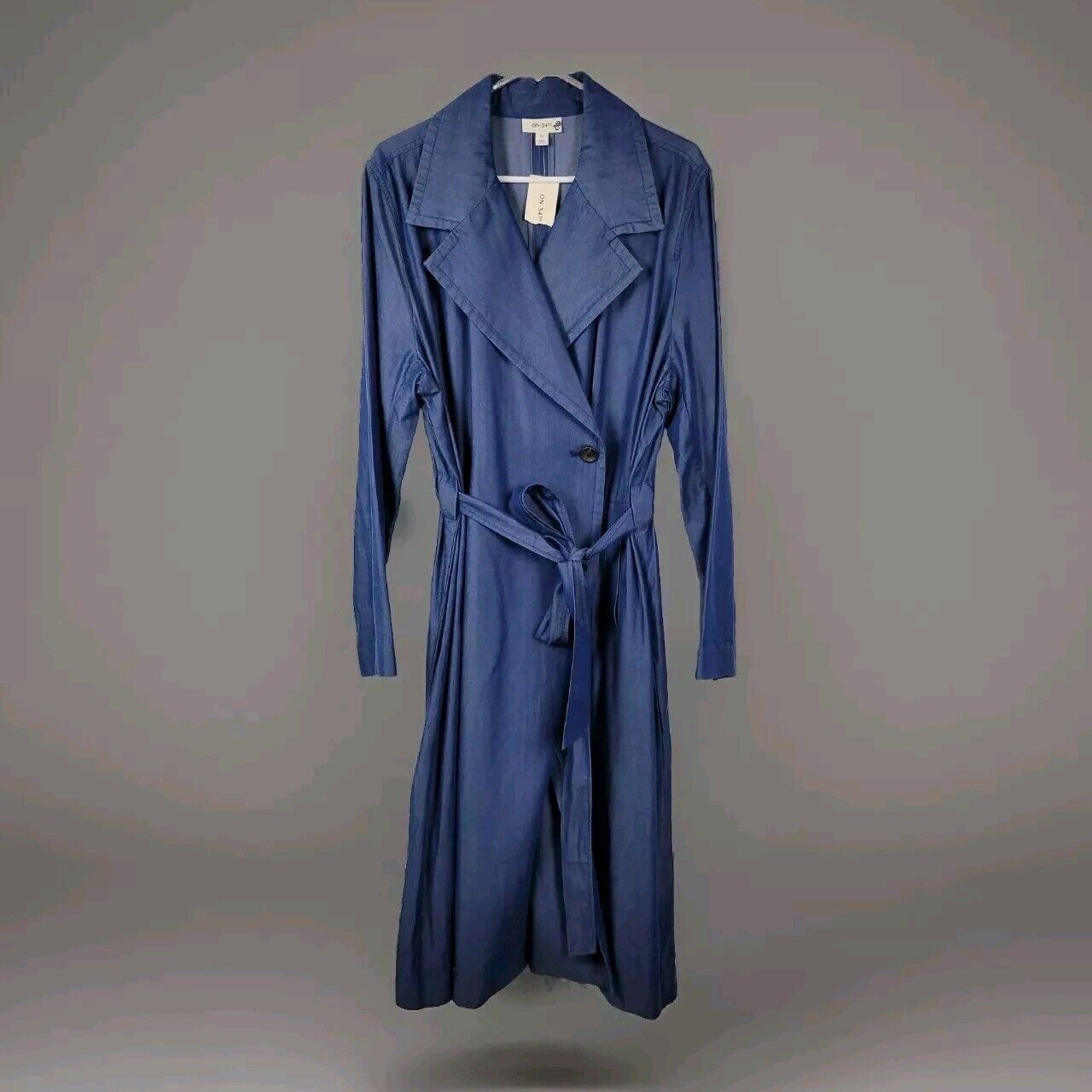 On 34th Indigo Blue Belted Button Up Chic Lyocell Long Trench Coat Women's XL