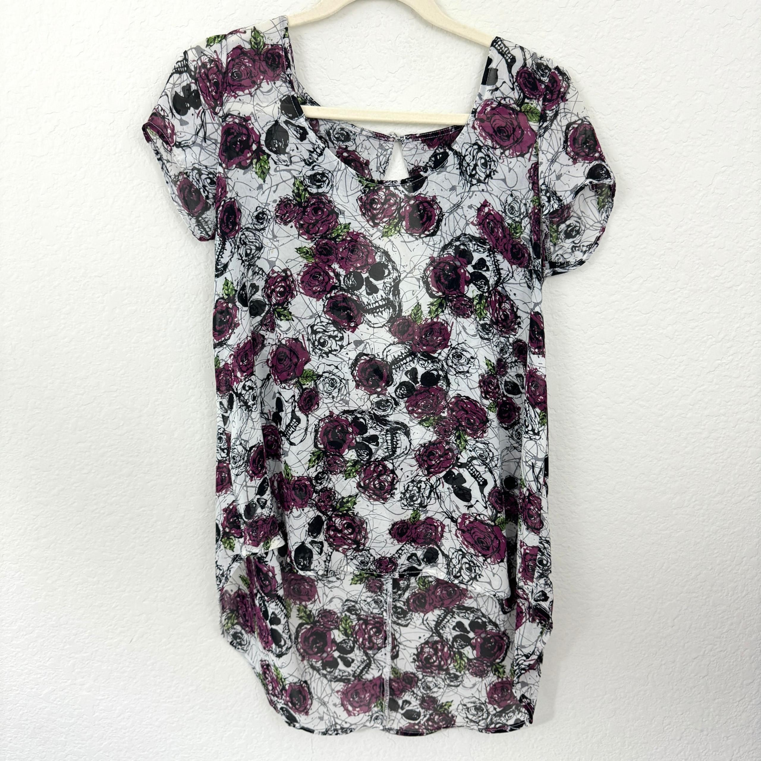Hot Topic Womens Chiffon Top Blouse Size S Rose Skull Hi Low Hem Goth Punk