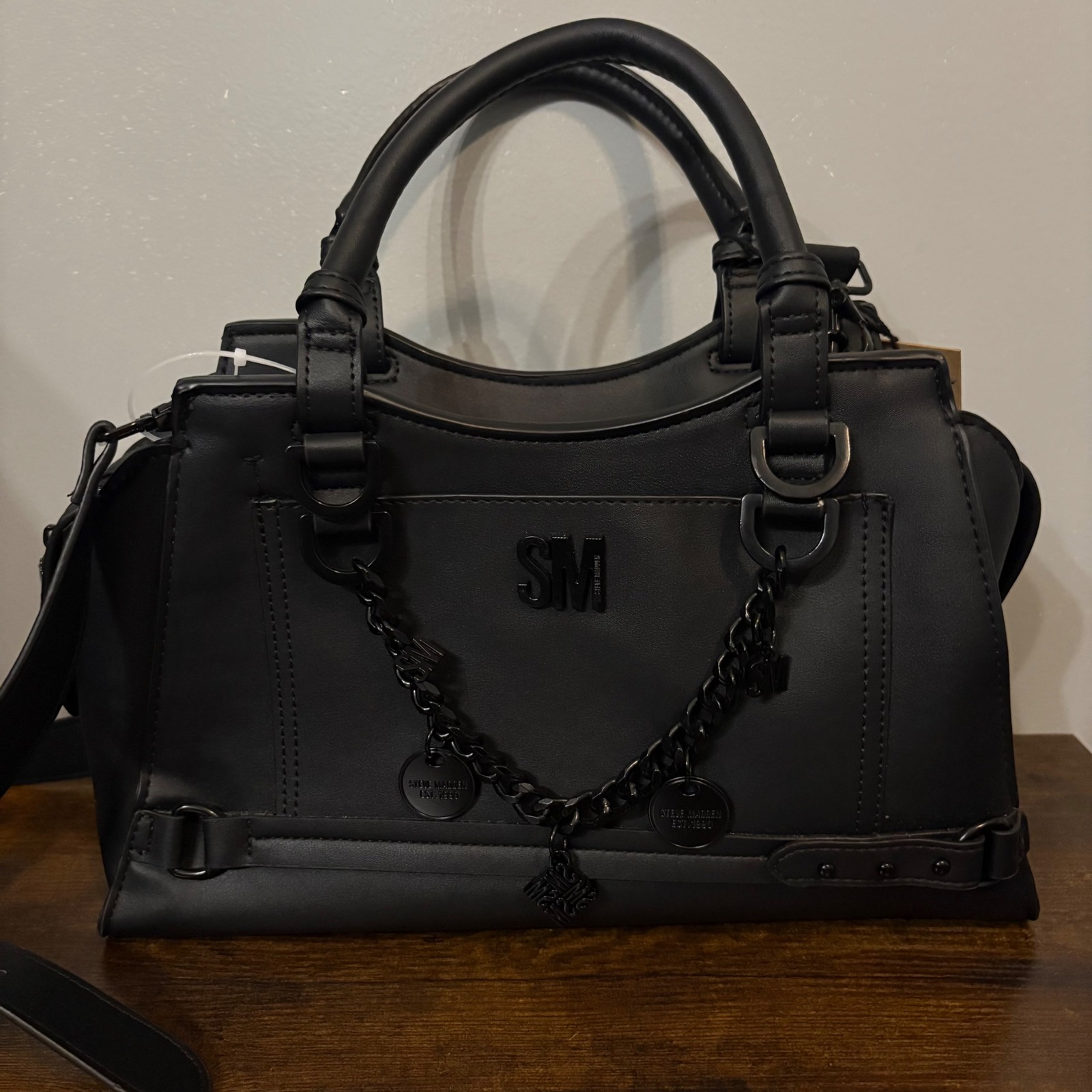 NWT Steve Madden Black Charming Satchel / Purse with Chains, Charms, Buckle