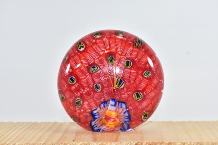 VENETAIN GLASS PAPERWEIGHT PEACOCK ROUND RED W/ BLUE SPOTS
