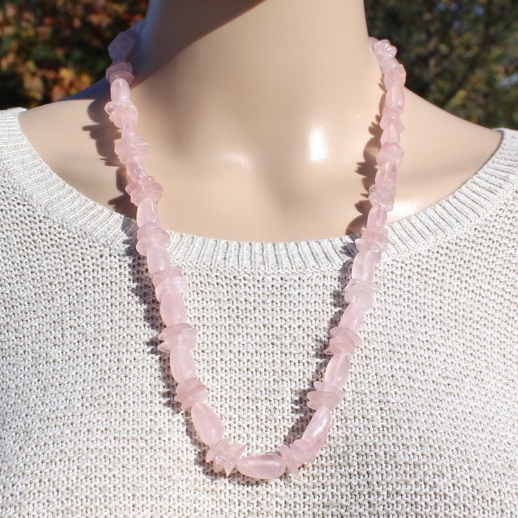 Vintage Rose Quartz Beaded Necklace Large Pink Oval & Nugget Beads 25” Long