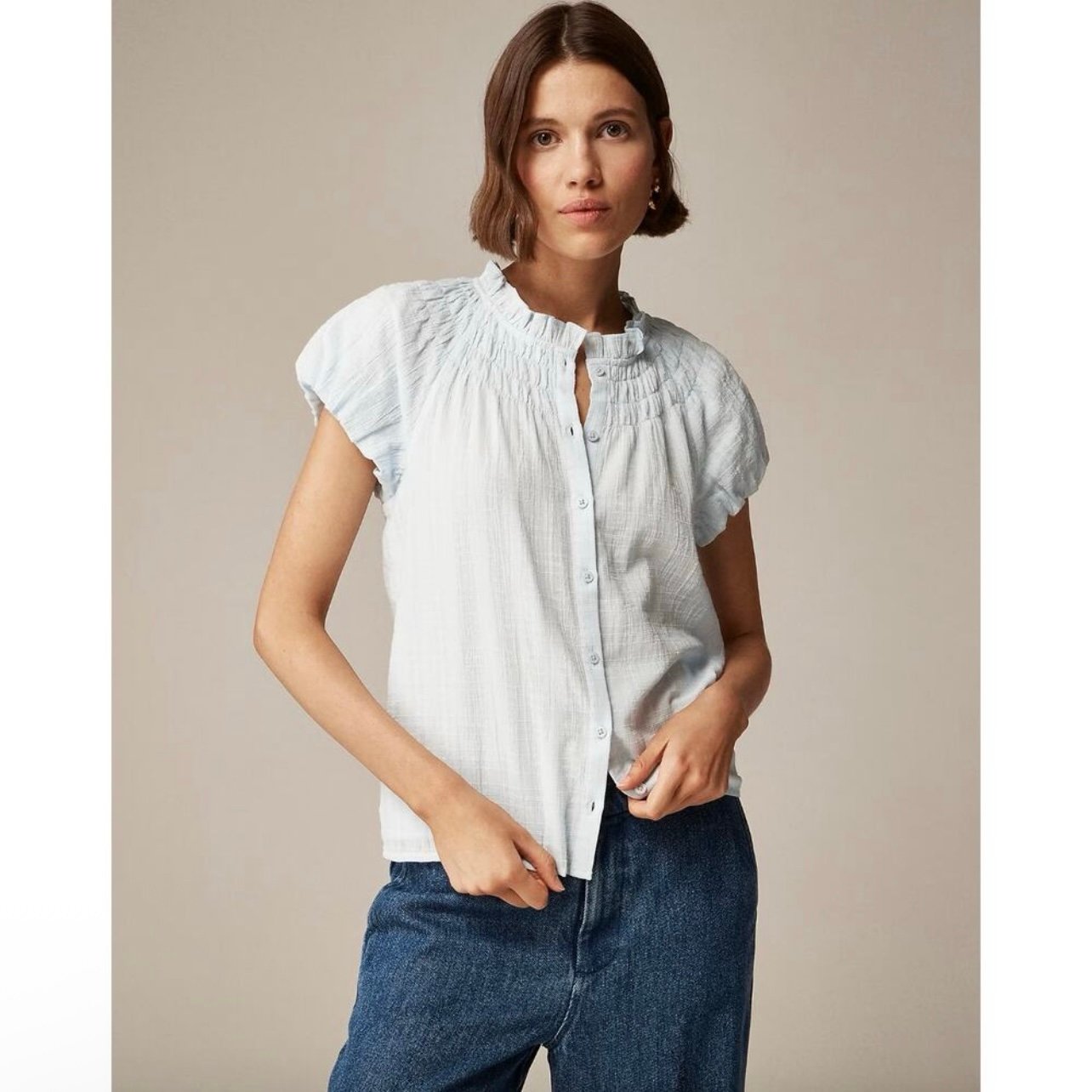 J.Crew Smocked-neck top in textured gauze Shorts Sleeve Blue Blouse Size M NWT