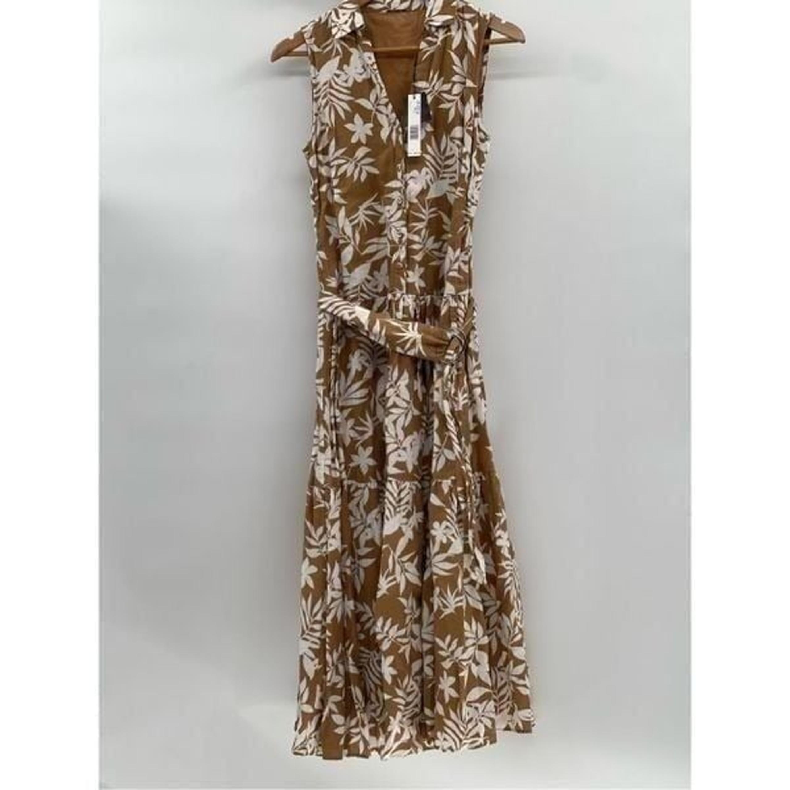 Elie Tahari Midi Dress Linen Women XS Tan White Floral Tiered Sleeveless Collar