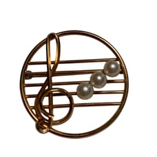 Vintage Krementz Treble Clef G Chord Pearls Gold Plate Round Brooch Music Staff