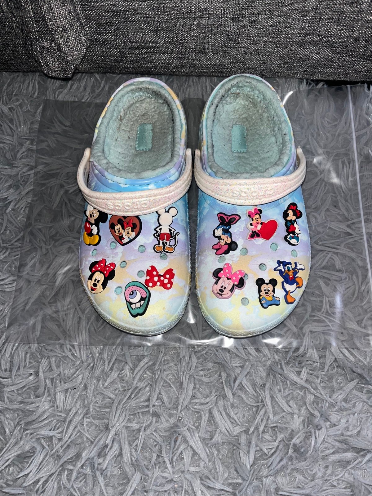 Cross tie dye fuzzy lined with disney jibbitz charms