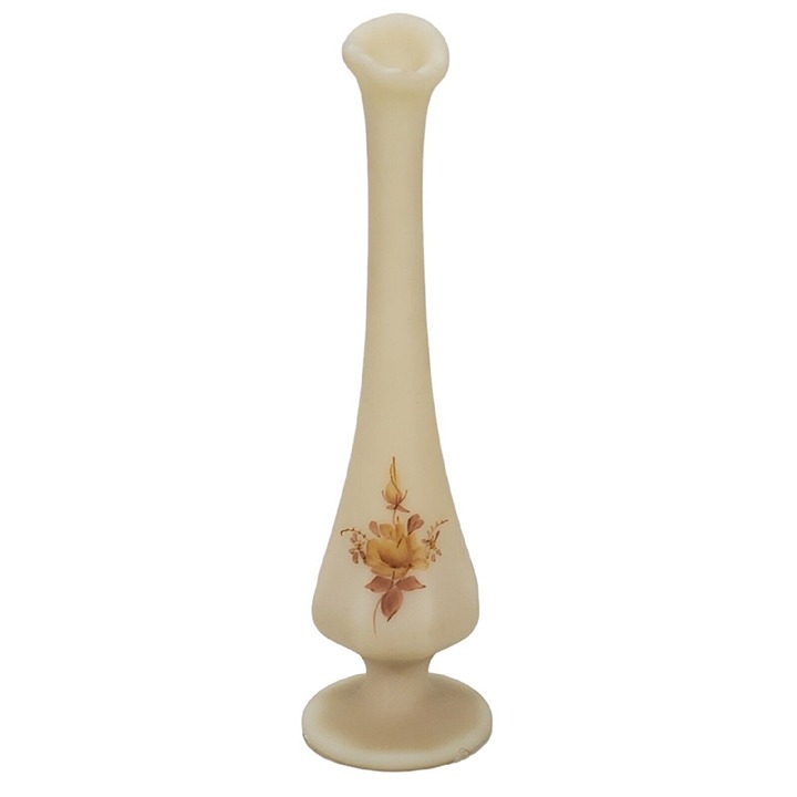 Vintage Signed Fenton Custard Art Glass 8.5 Bud Vase Swung Yellow Rose