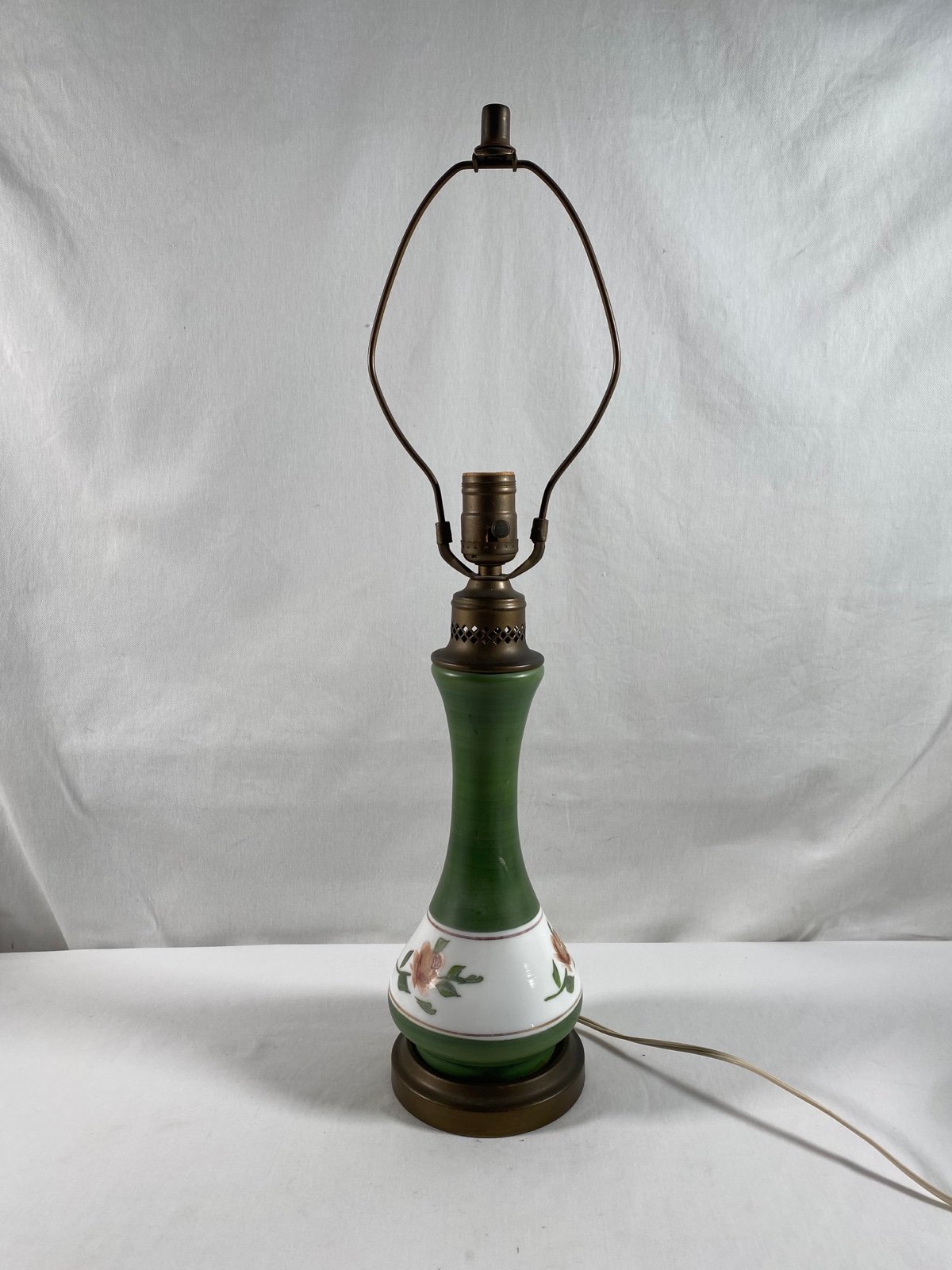 Vintage Porcelain Green Pink Flower Vase Table Lamp #208 READ