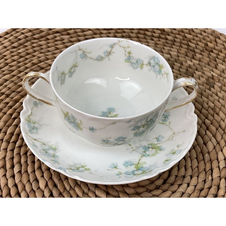 *Antique Haviland France Limoges 2 Handled Soup Cream Boullion Cup & Saucer Blue