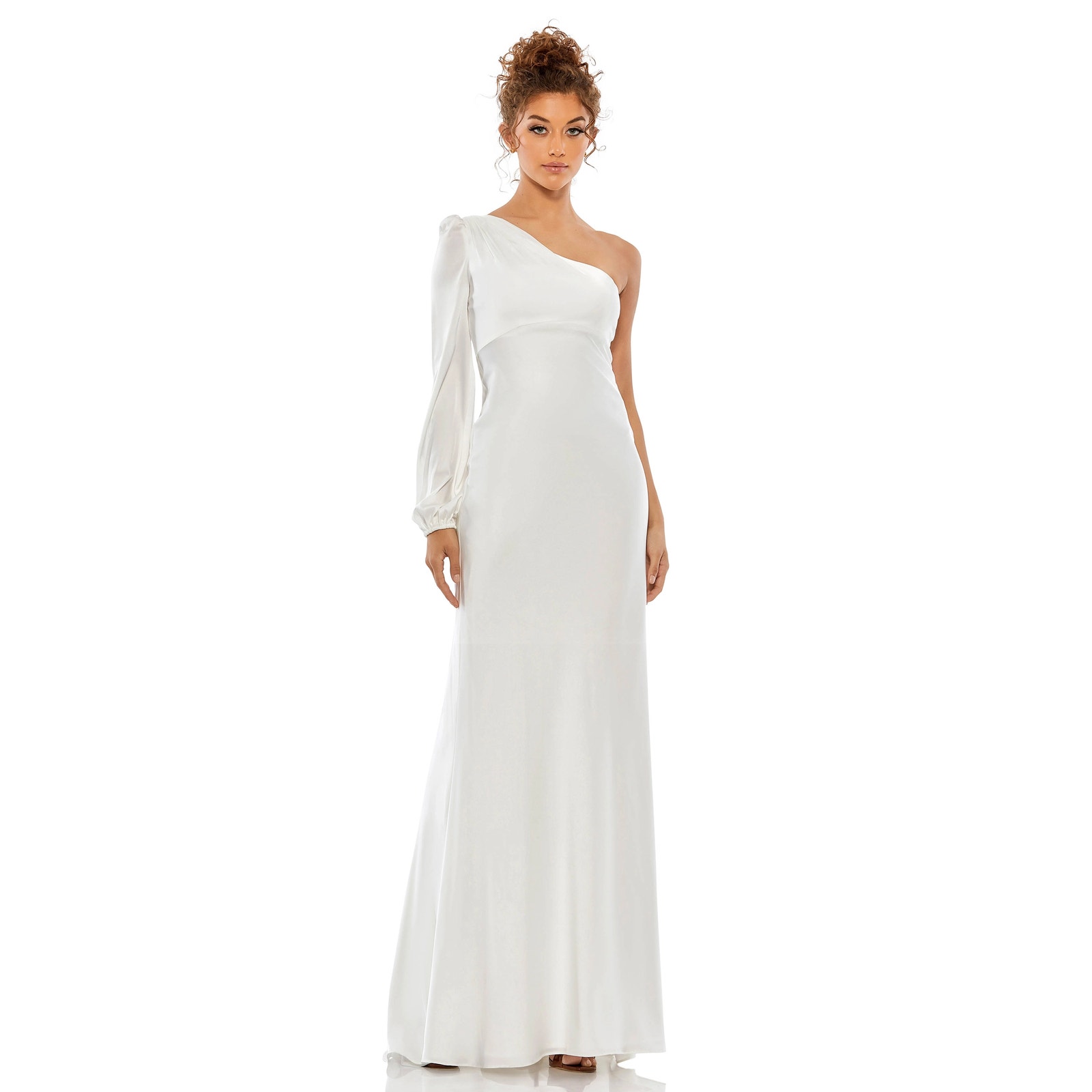 Ieena for Mac Duggal One Shoulder Blouson Sleeve Gown White Size 10 NWT