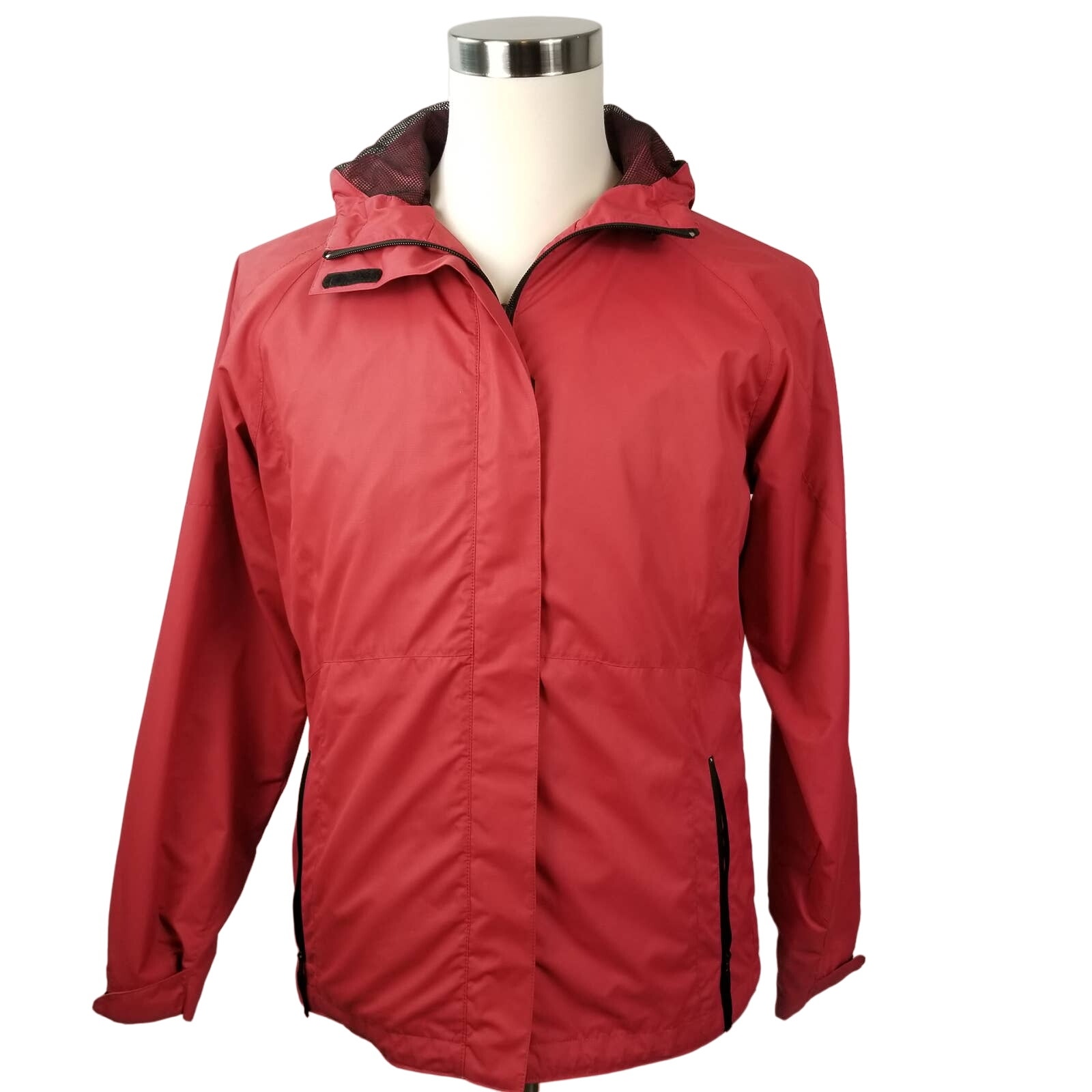 Eddie Bauer Red Zip Up Hooded Wind Breaker Jacket Lined Pockets MINT Size M