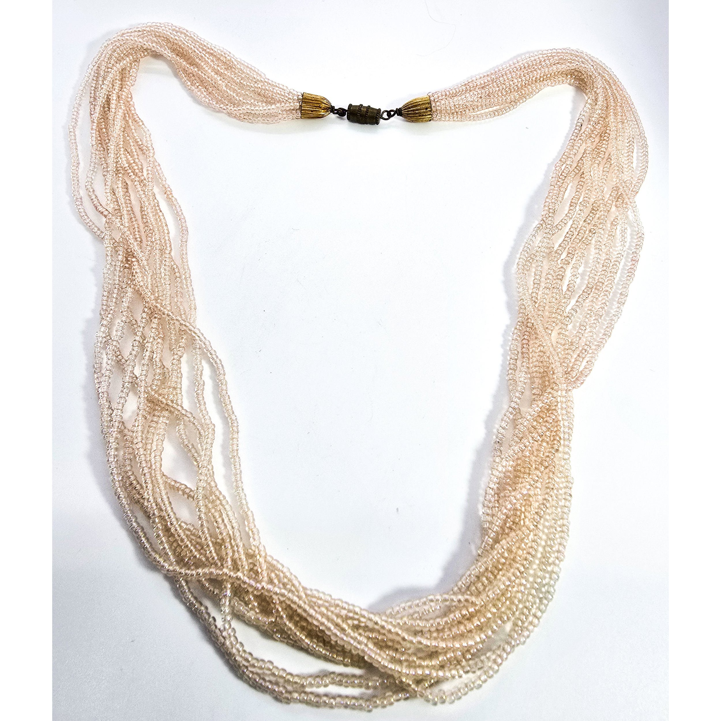 Multistrand Aurora Borealis cream seed bead 11 strand torsade necklace