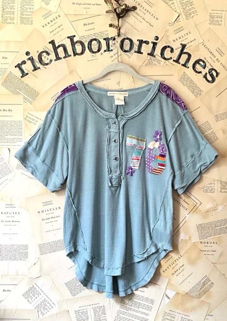 Free People X Tricia Fix Henley Top #78 Embellished Rib One Of Kind Blue