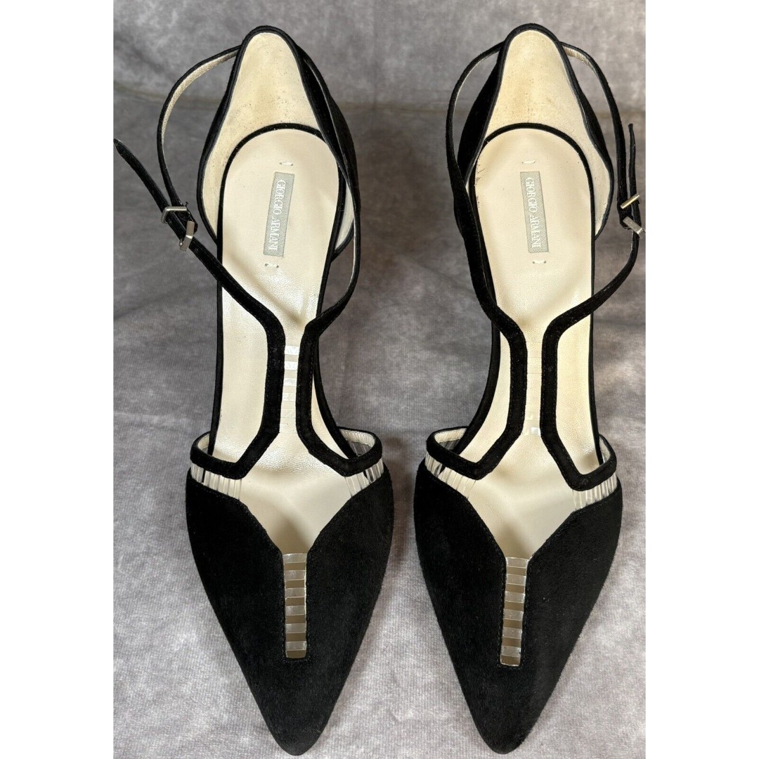 Giorgio Armani T-Strap Heel Shoes Size 39 1/2 Black Suede Stilleto Made In Italy