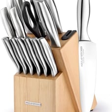 15 Piece Stainless Steel Knife Set with Block and Sharpener - Natural Maple