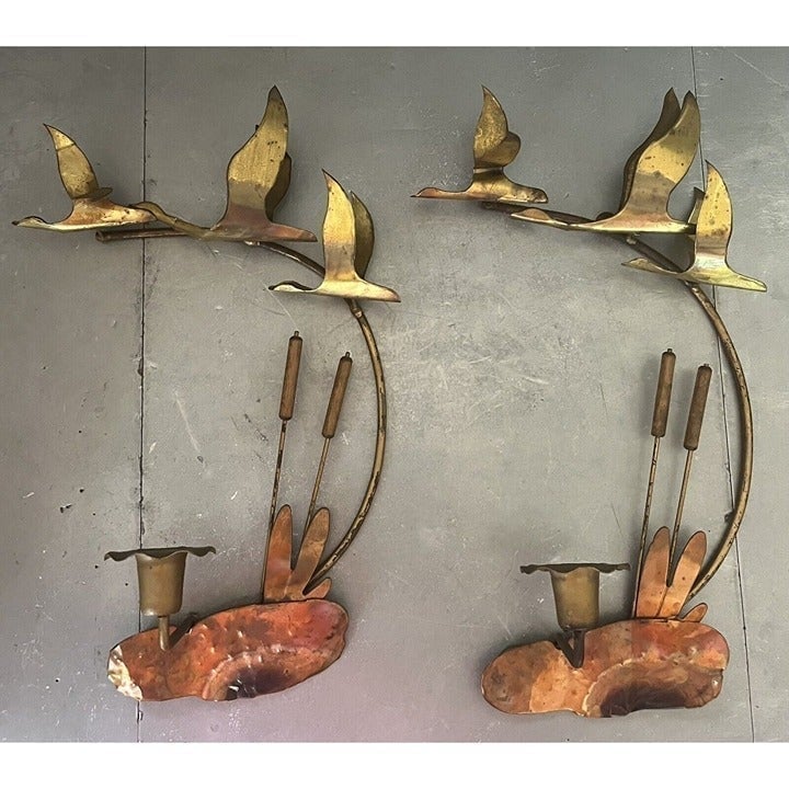 VINTAGE MCM SEAGULLS METAL WALL HANGING BIRDS CANDLE HOLDER BRASS SET OF 2