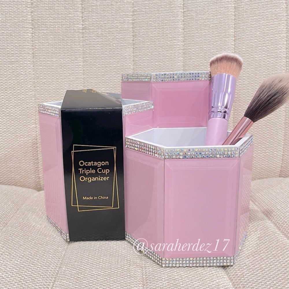 NEW Pink Octagon Triple Cup Glam Organizer Rhinestone Makeup Desk Vanity