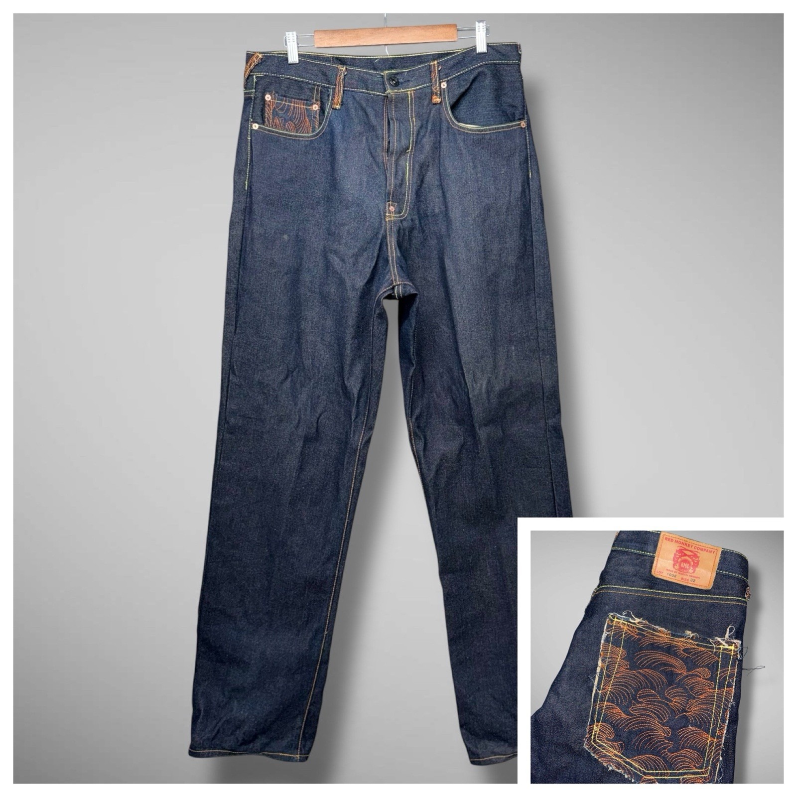 Red Monkey Company RMC Martin Ksohoh Mens Jeans 32x36 Embroidered Waves Straight
