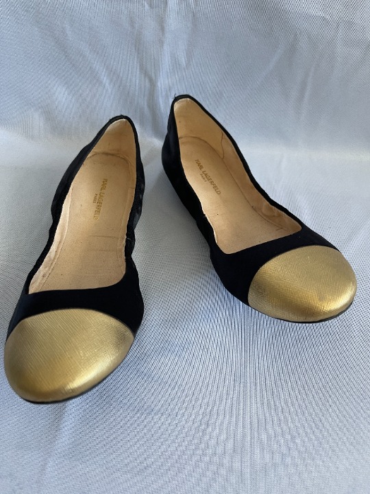 KARL LAGERFELD flats Stretch black satin /gold cap pointed ballet flats with