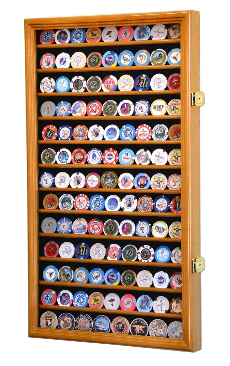 117 Casino Chip / Collector Coin Display Case Wall Cabinet Holder Shelf w/ 98% U