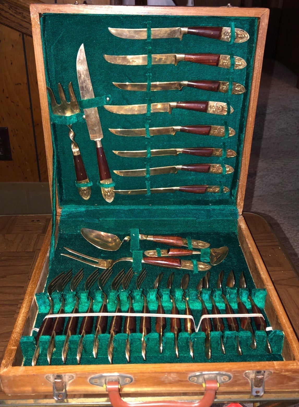 Sri Sang Thai LK Service For 8 Bronze Brass Flatware Set w/Wood Chest vintage