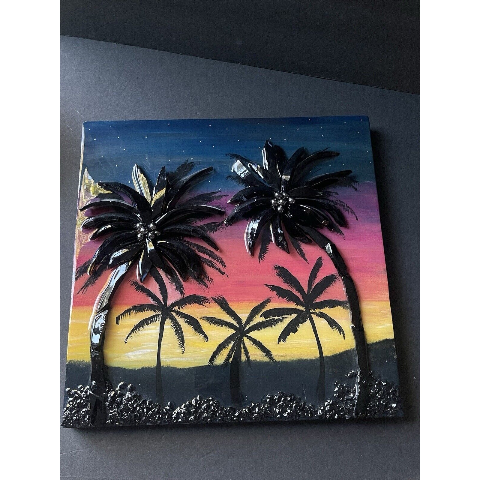Acrylic Art Painting Hand Crafted Palm Trees Sunset Tropical Island Wall Art