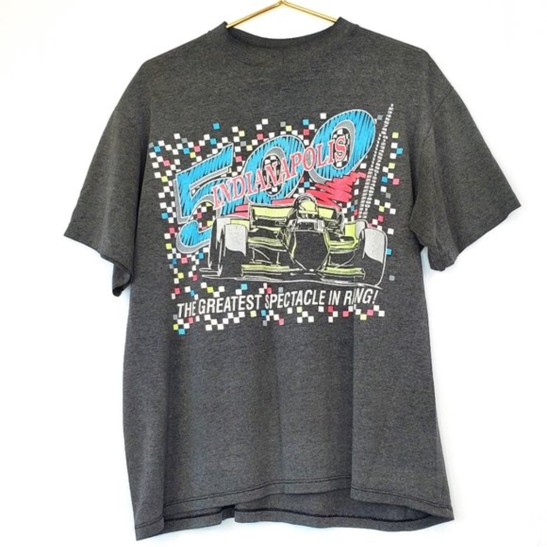 Vintage 90's Logo 7 Indianapolis 500 Racing Neon Graphic Gray T-shirt