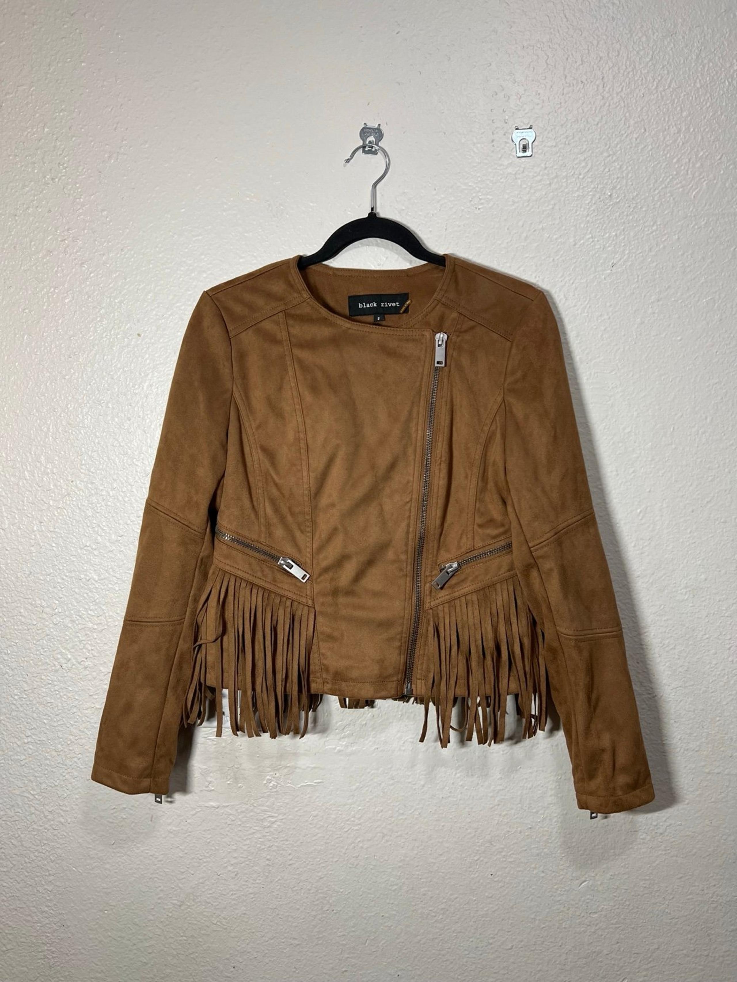 Stand Collar Faux Suede Fringe Women’s Jacket Brown Size Small - Black Rivet