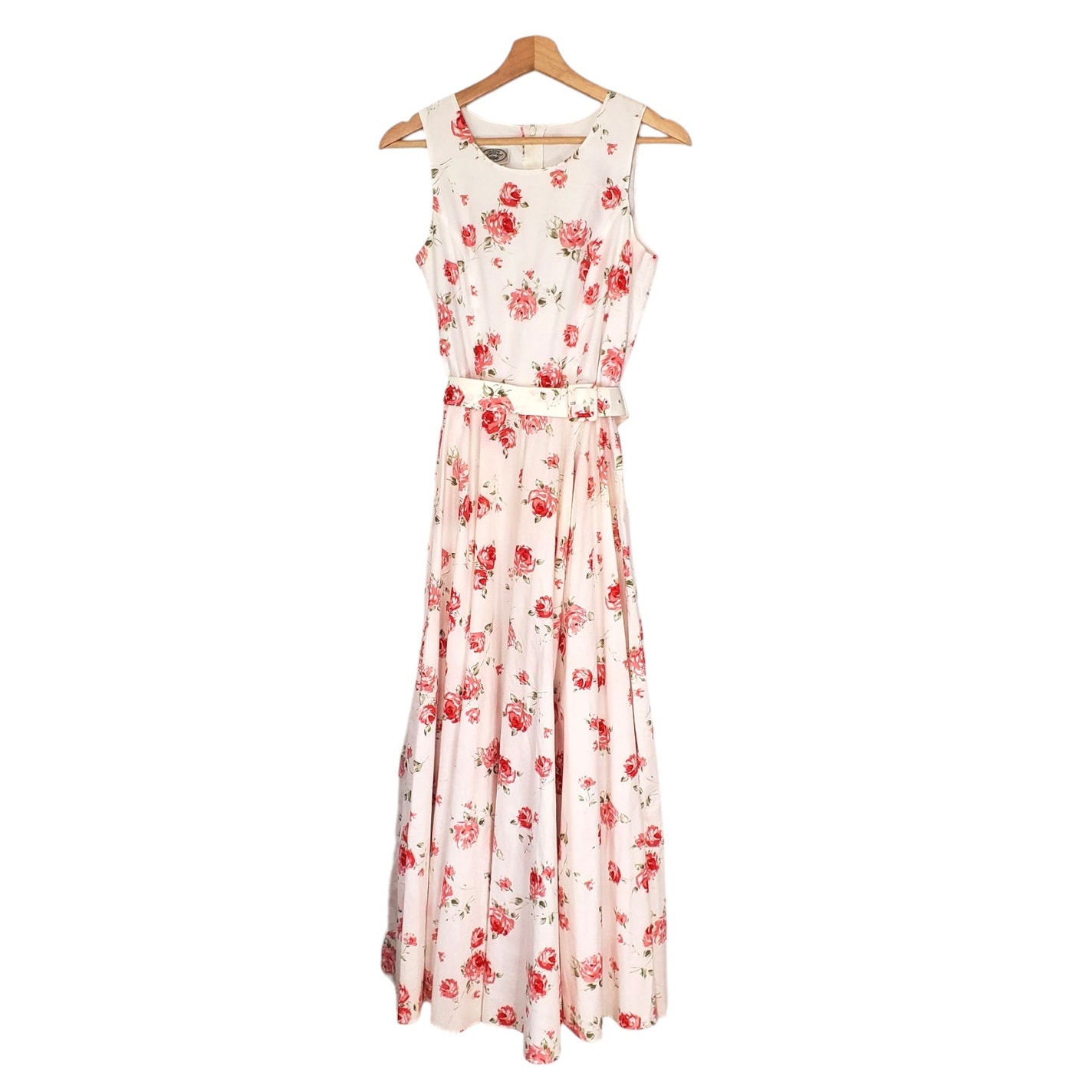 Laura Ashley Vintage 90s Floral Rose Belted Maxi Dress White Pink Cottage Size 8