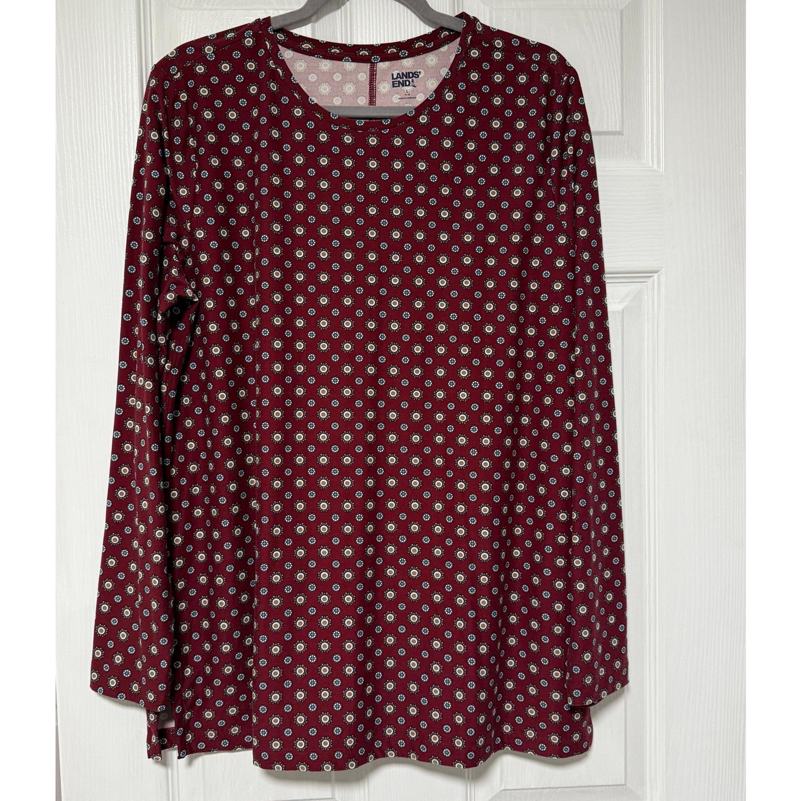 Lands' End Women's Maroon Print Long Sleeve Top Size Large