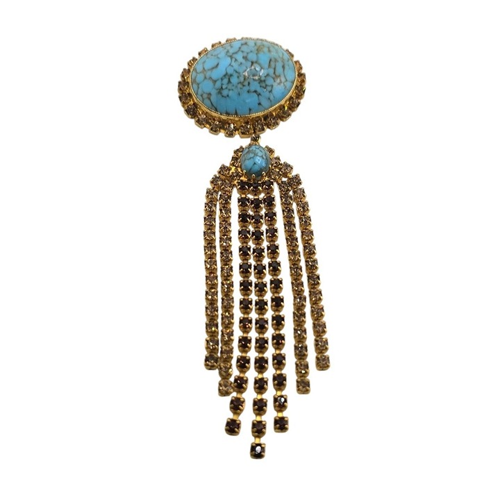 Vintage Turquoise Hubble Glass & Rhinestone Dangle Brooch (A8145)