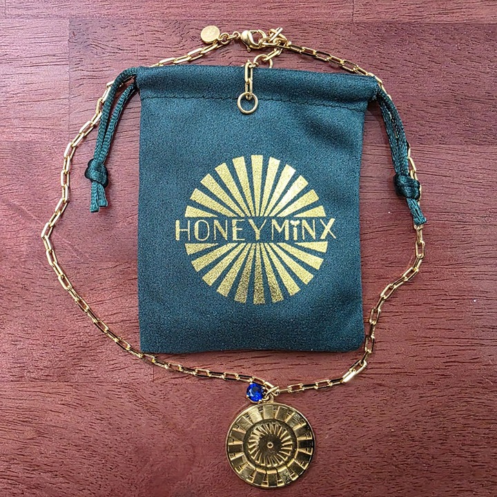 Honey Minx Radiant Sun Charm Necklace Sapphire Gold Plated Brass Pendant