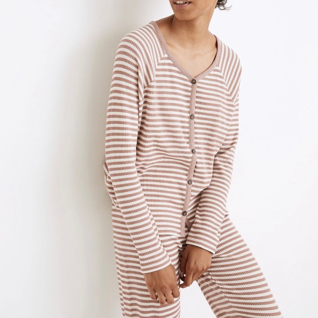 Madewell pink & white striped waffle knit button front pajama top size medium