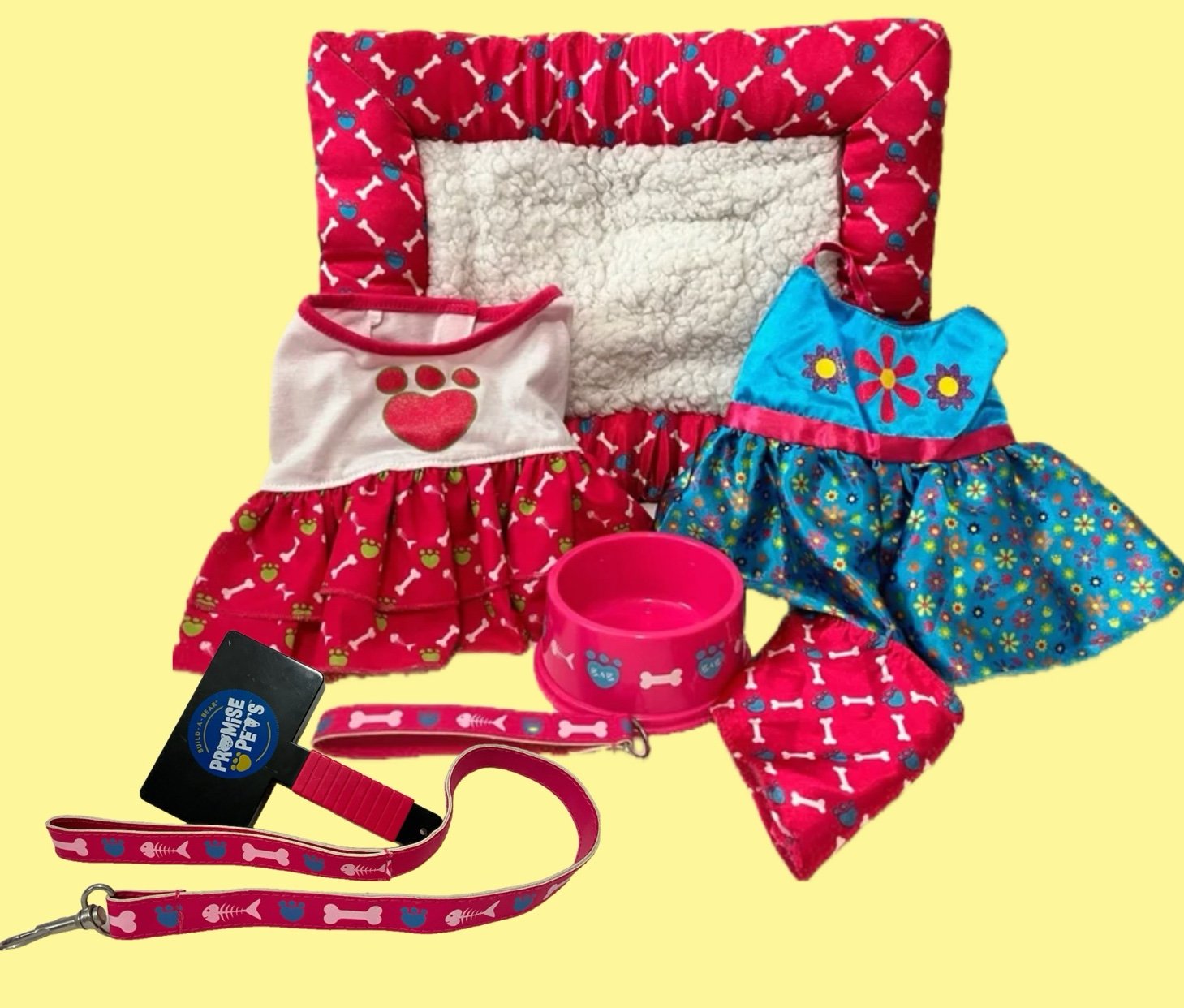 Build a Bear Workshop Dog Bundle: Bed 2 Dresses Leash Collar Bowl Bandana Brush