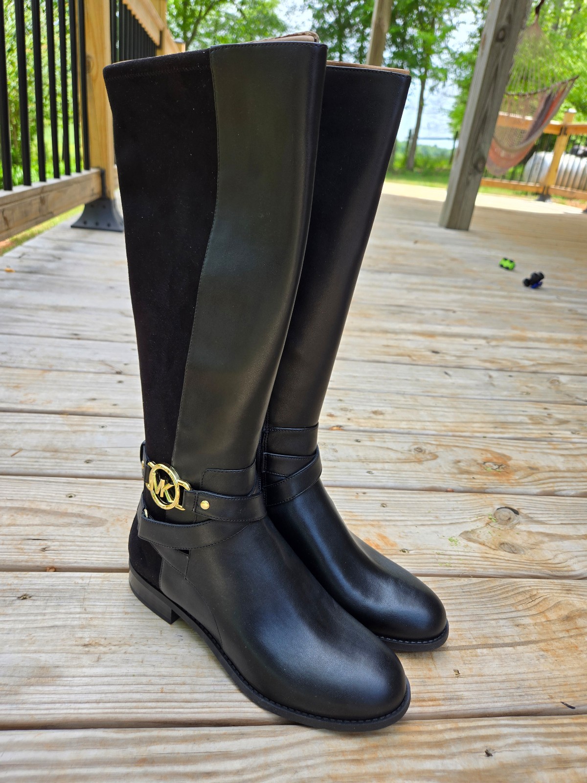 Michael Kors Rory Knee High Riding Boots MK Logo Embossed Strap Black 7.5