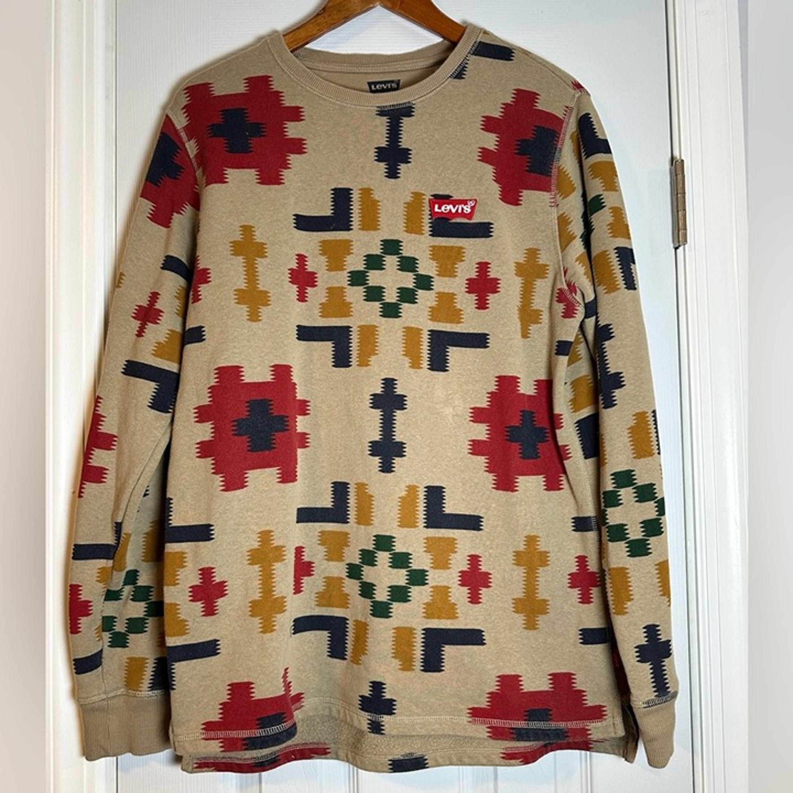 Levi's Estela Print Long Sleeve Crew Fleece Sweater Western Mens Medium Khaki