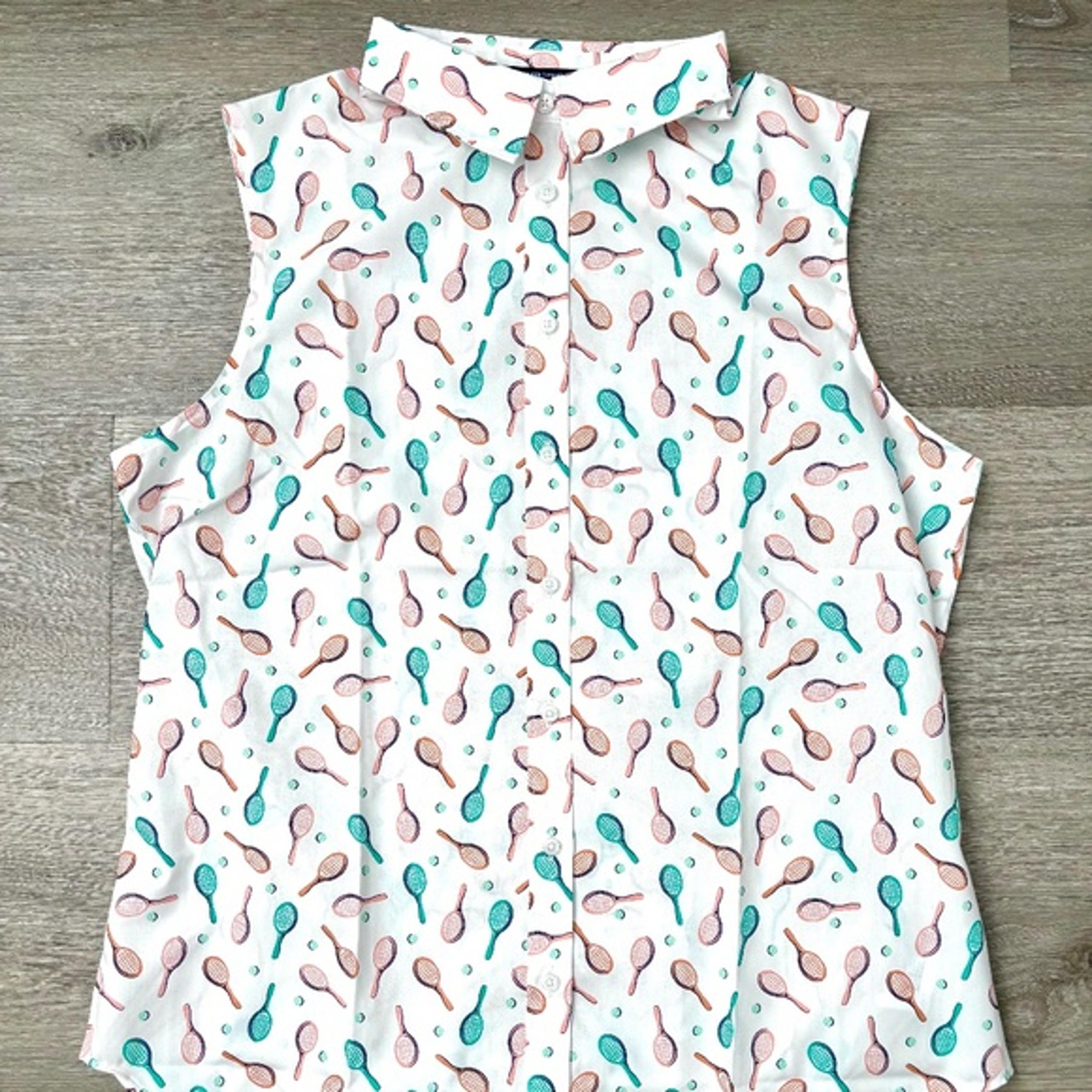 Womens LANDS END No Iron TENNIS Print Cotton Sleeveless Button Down Shirt 12