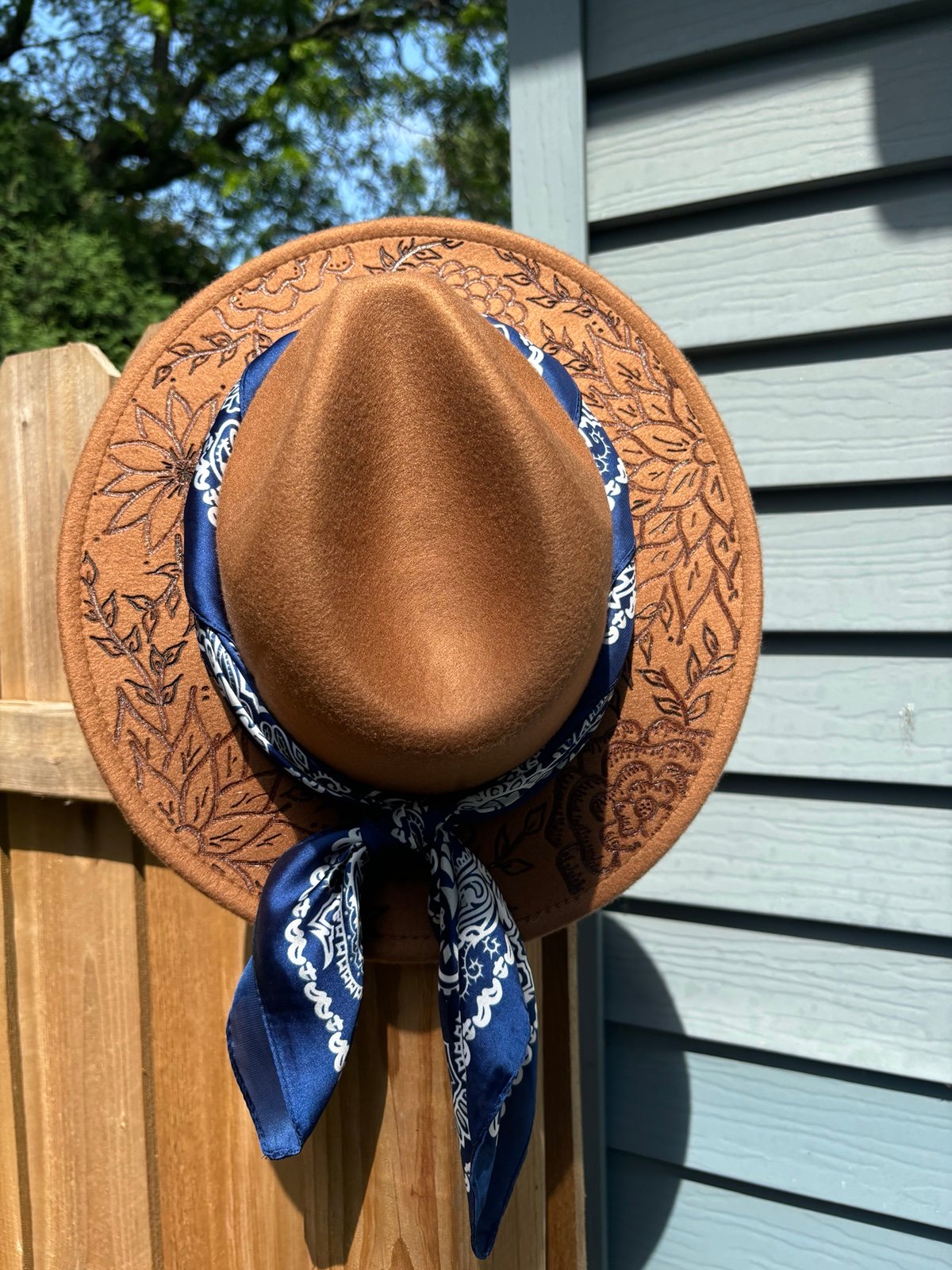 Hand burned fedora hat
