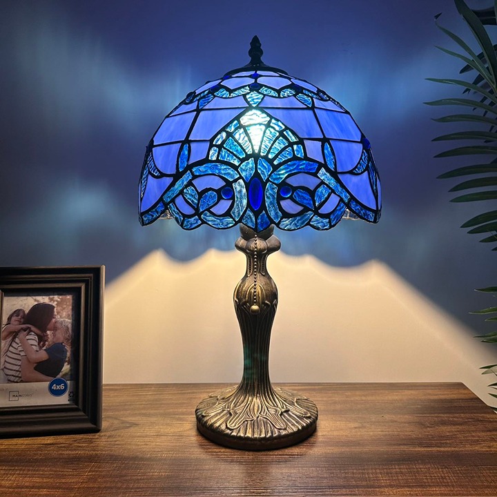 Tiffany Style Table Lamp Blue Stained Glass Baroque Style LED Bulb 12 W*19'H
