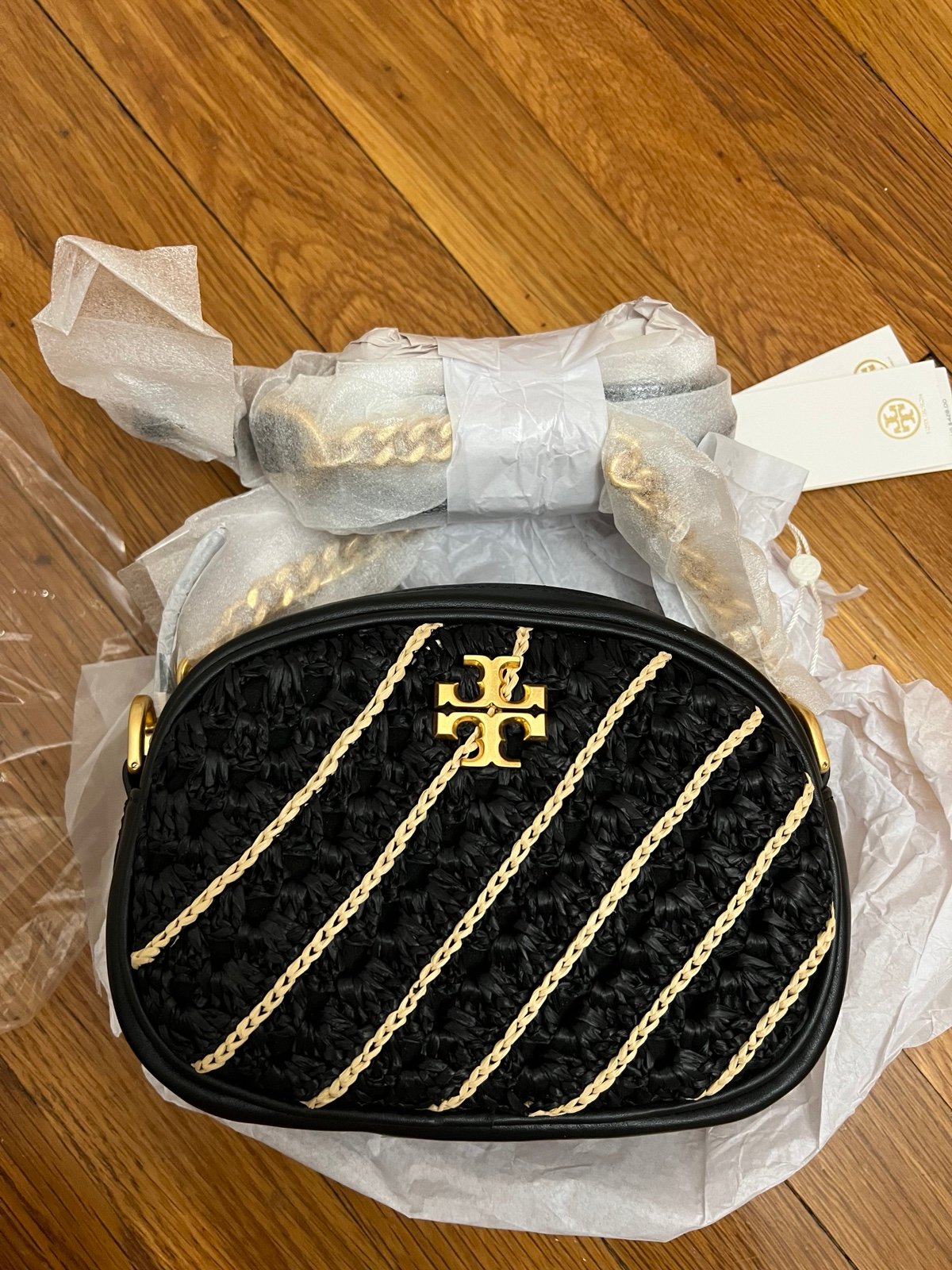 Tory Burch Black Gold Kira Crochet Small Crossbody Bag