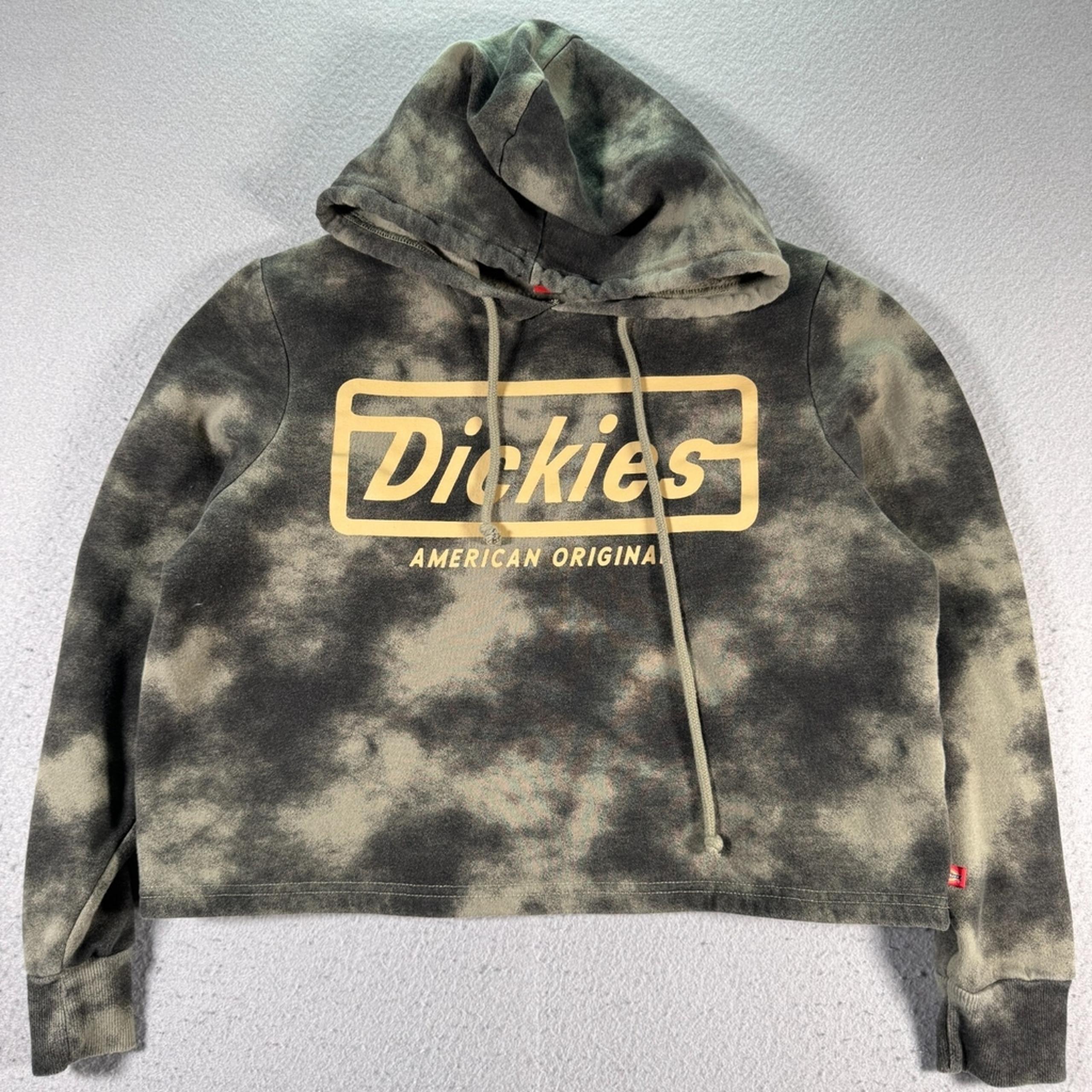 Dickies Hoodie Sweatshirt Women Large Green Tie Dye Logo Fleece Cropped Pullover