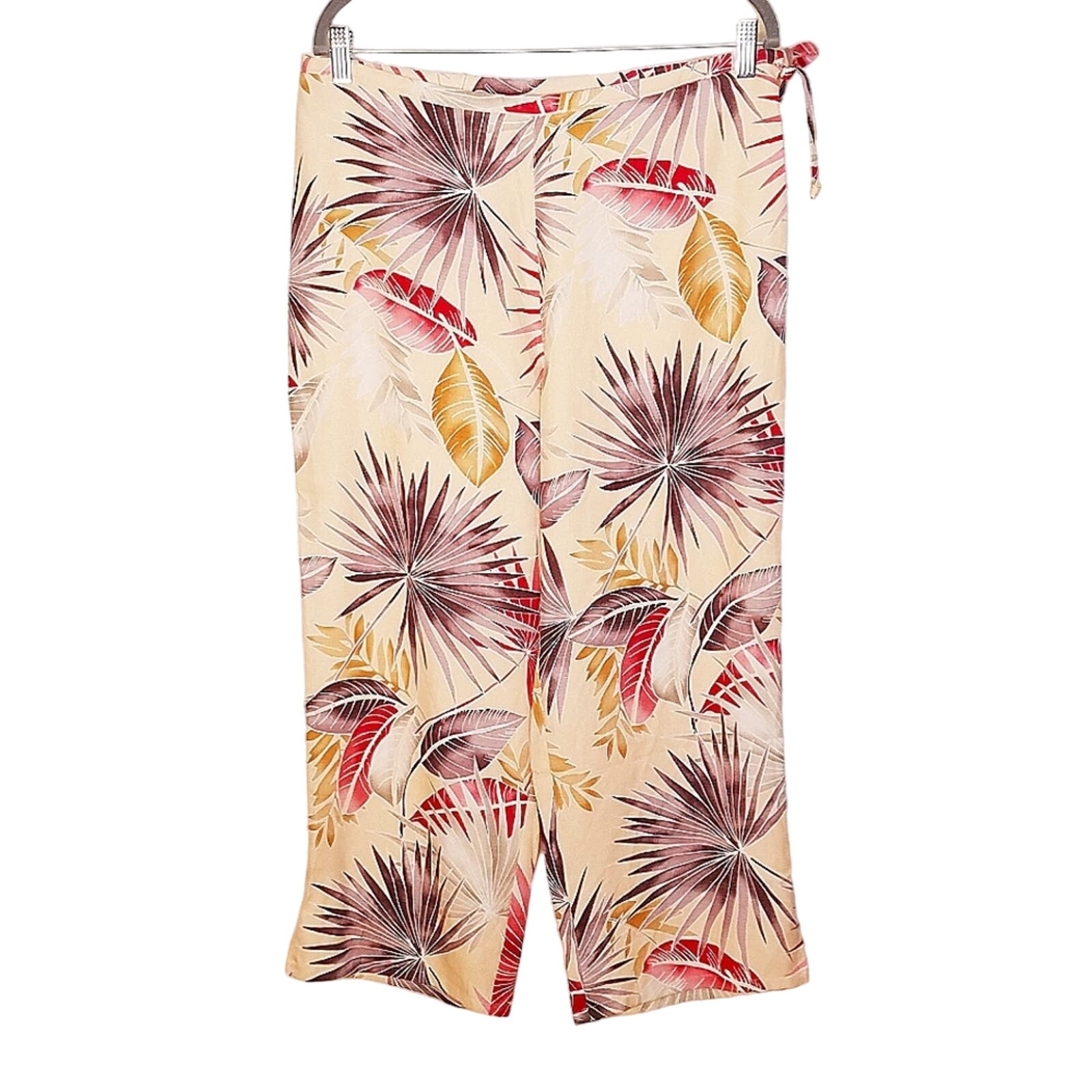 Tommy Bahama 100% Silk Peach Hawaiian Tropical Wide Leg Crop Pants size 12
