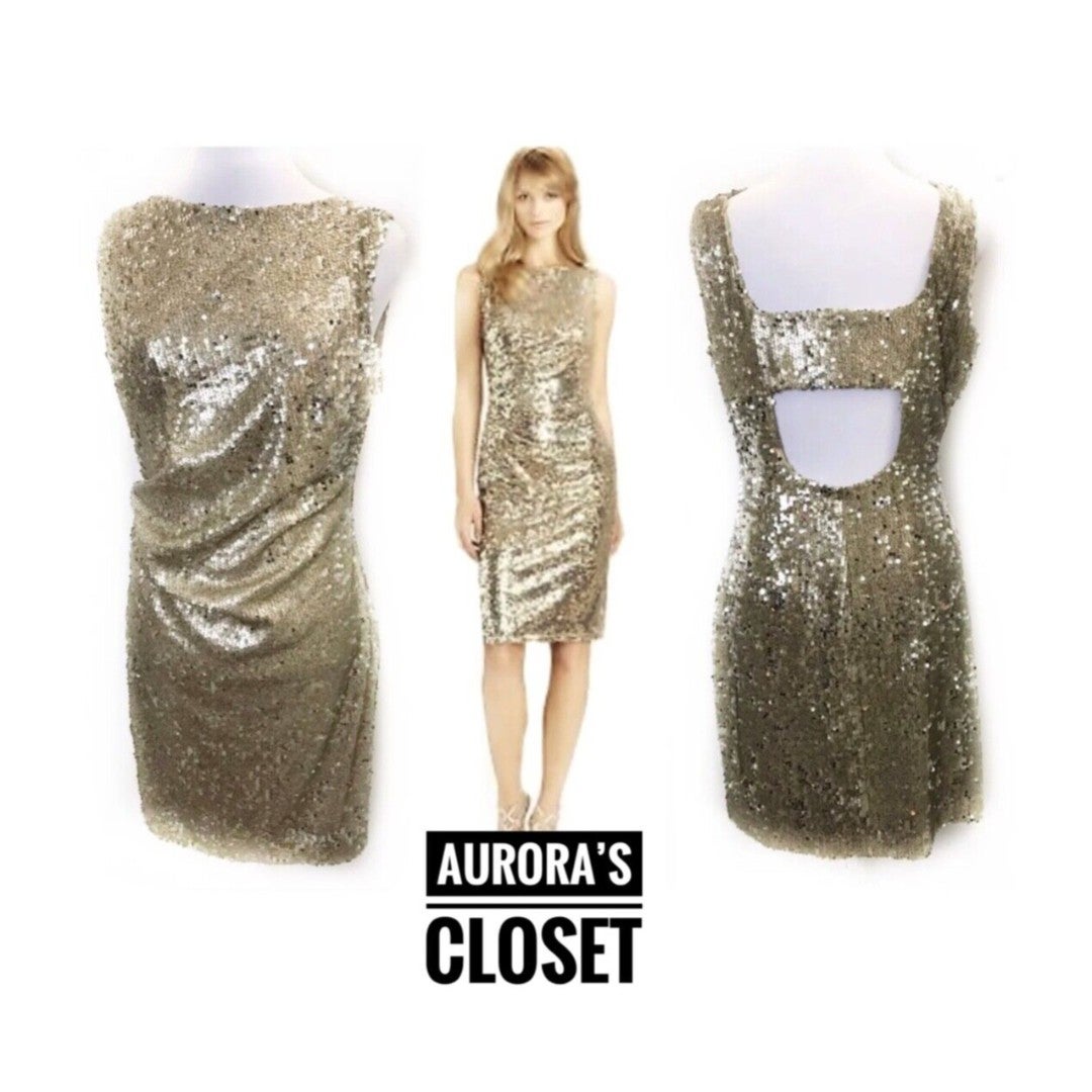 David Meister 10 Gold Sequin Bodycon Dress Ruched Side Back Cut Out 595