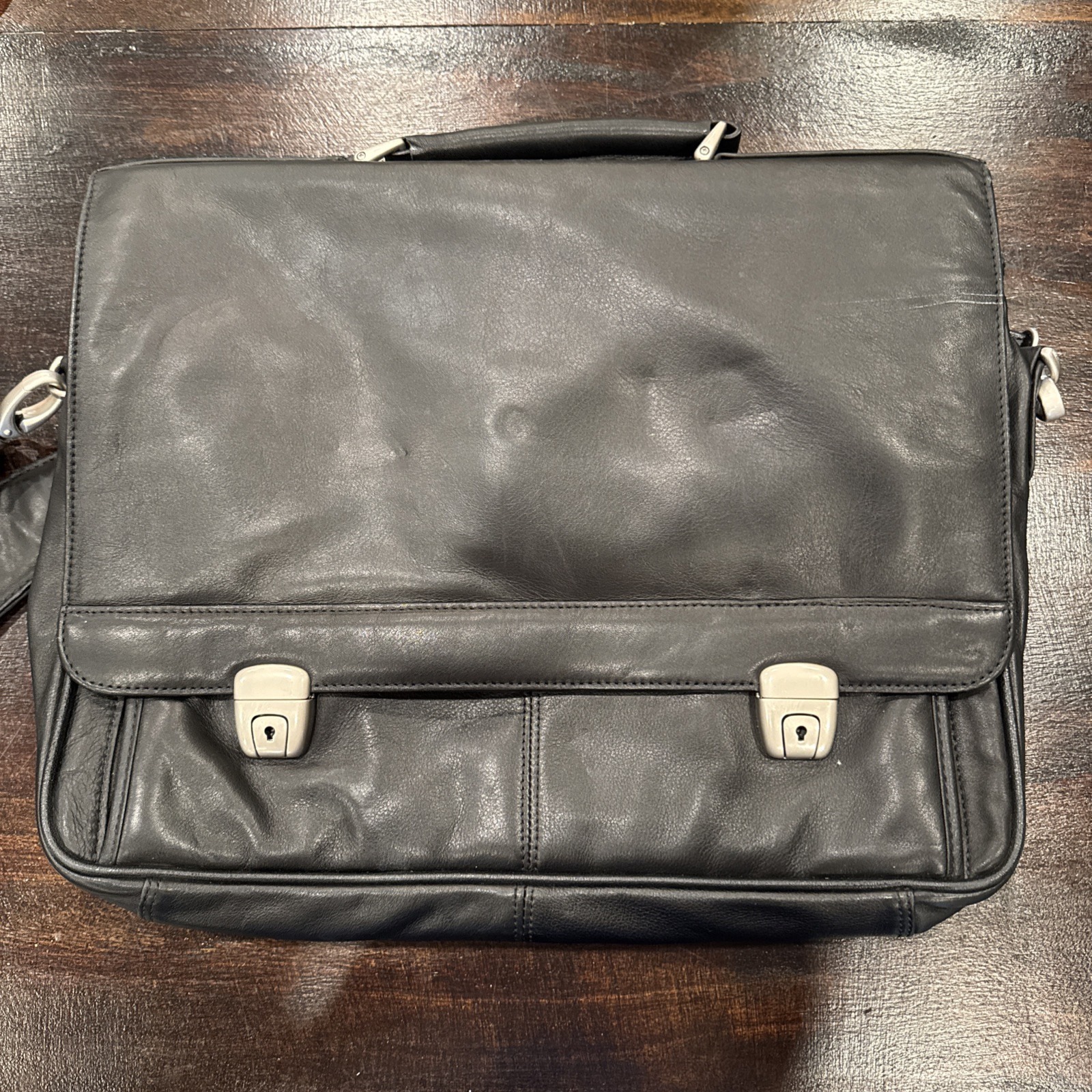Samsonite Black Leather Flap-Over Briefcase Messenger Laptop 107 Pro Series EUC