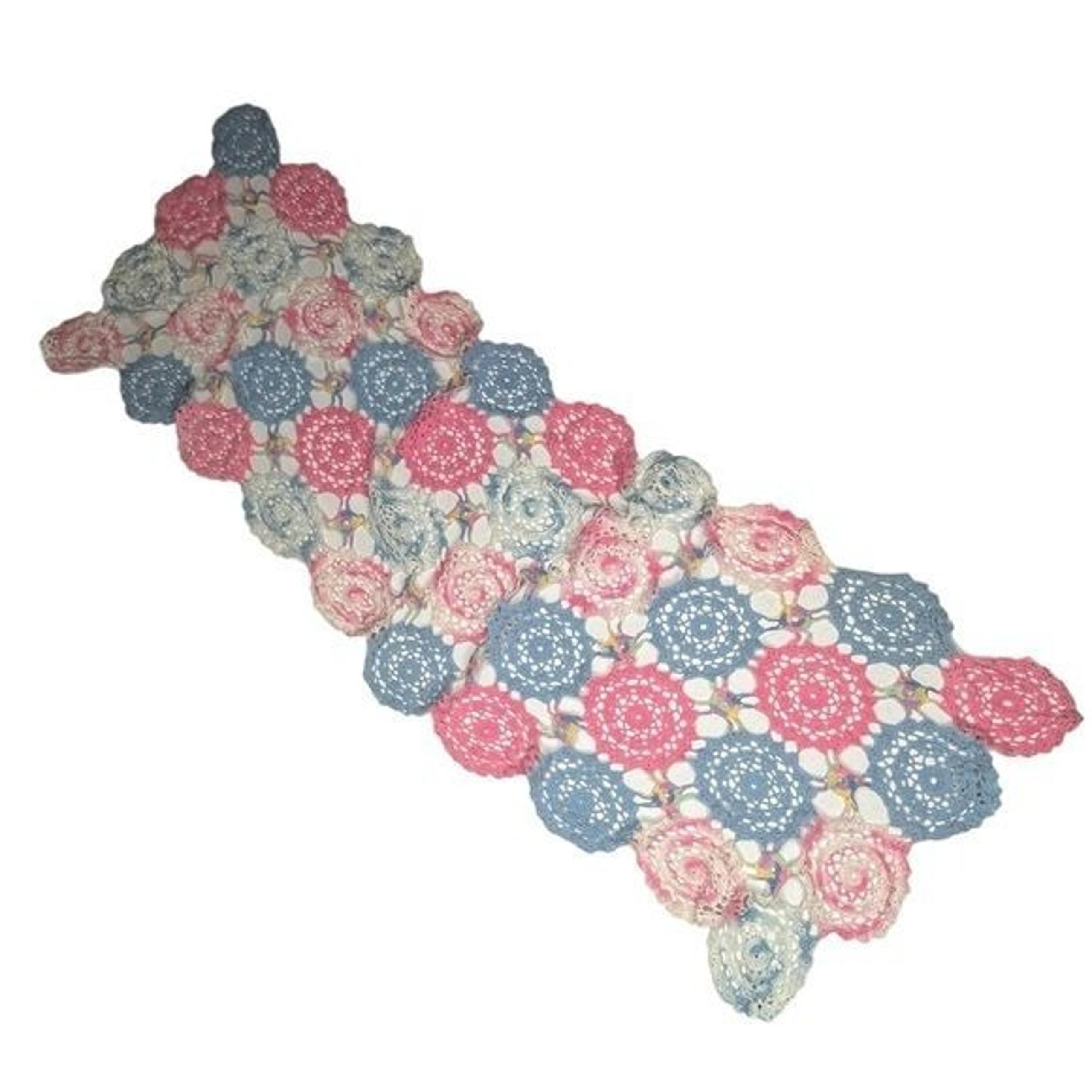 Vintage Handmade Pastel Crochet Granny Square Doily Scarf or Runner
