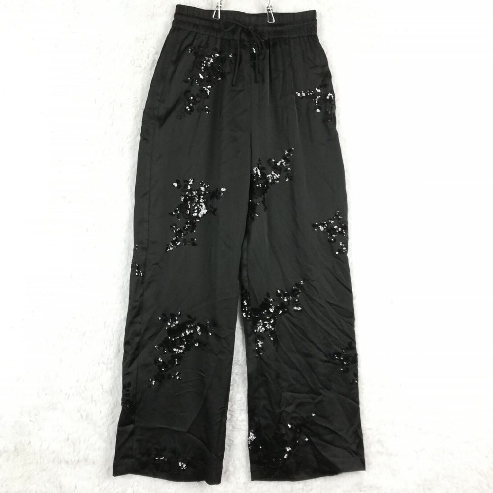 Rachel Zoe Womens Pants Satin High Waisted Wide Leg Floral Sequins Black XS New