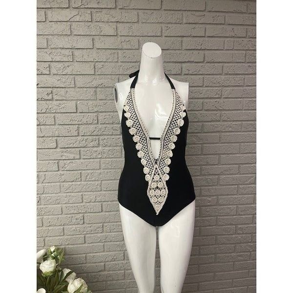 Kona Sol Black Crochet Necklace One Piece Swimsuit Size S